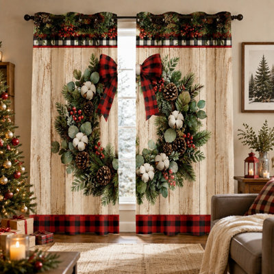 2Pcs Rustic Christmas Wreath Curtains, Buffalo Plaid Bow Pine Cone Garland Printed Window Drapes, Farmhouse Holiday Home Decor for Living Room for Home Dector