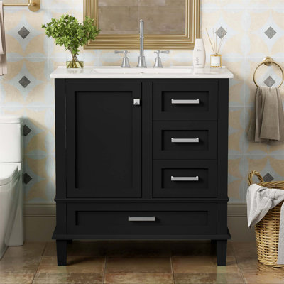 Meuble-lavabo de salle de bain, ensemble de meuble-lavabo moderne avec lavabo, meuble de rangement pour salle de bain avec porte à fermeture douce et 3 tiroirs, structure en bois massif
