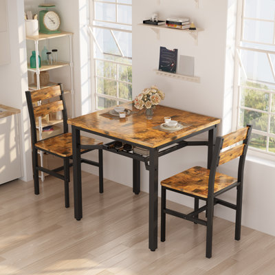 3 Piece Dining Table Set For 2 With Built-In Storage Rack, Small Wooden Kitchen Table With 2 Backrest Chairs, Farmhouse Square Dinette Set For Small S by Ophelia & Co.