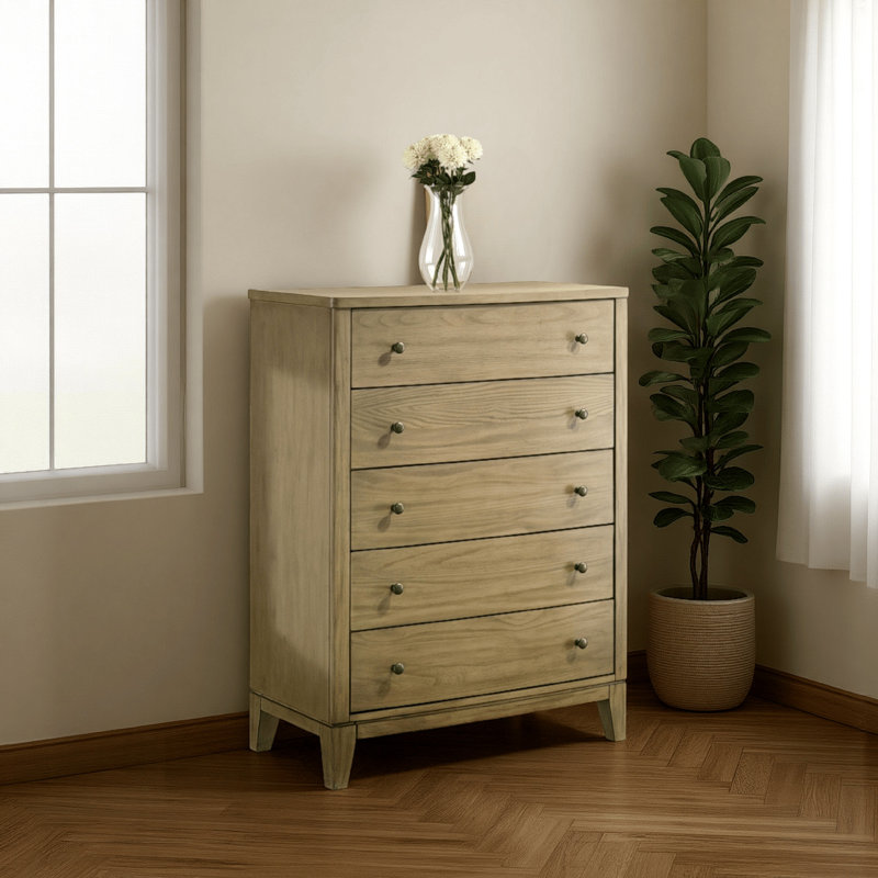 Commode haute Heon, 5 tiroirs avec boutons ronds, pin brun naturel
