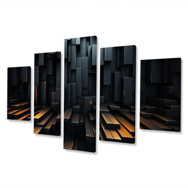  «3D Black Brick Cube Dimensions VI - Impression sur toile géométrique moderne - 5 panneaux
