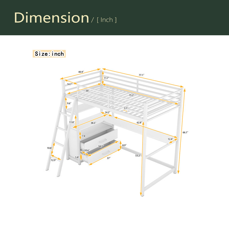 Lit mezzanine simple en métal avec bureau et tablettes, deux tiroirs intégrés