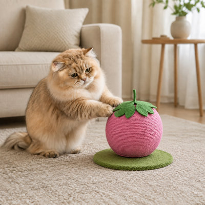 Griffoir pour chat en sisal à motif de fruits – 22 cm, corde naturelle résistante avec base stable, formes 3D amusantes pour chats d'intérieur (fraise)