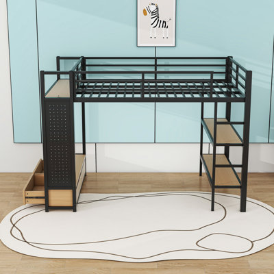 2 Drawers Metal Loft Bed With Shelves