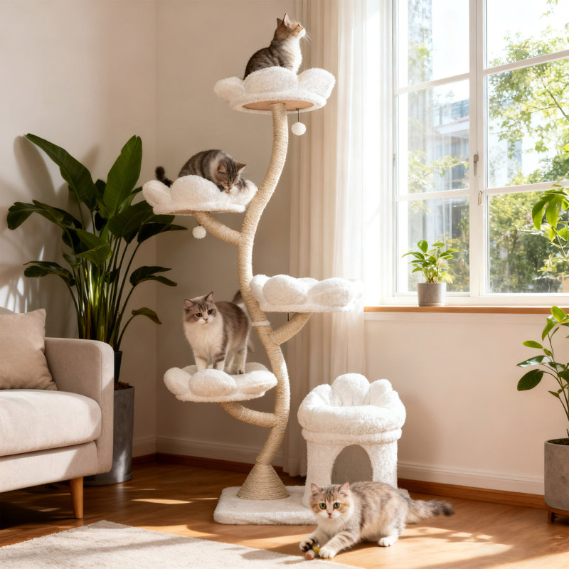 Tour pour arbre à chat avec lit pour chat et cachette, arbre à chat à 4 couches avec poteau à griffes, housses amovibles et lavables