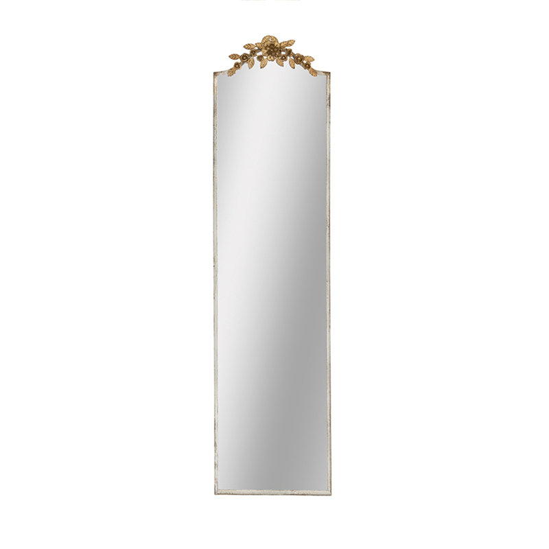 18.1x1.6x70.9" Large Rectangular Full-Length Mirror with Distressed Ivory Frame and Gold Floral Crown