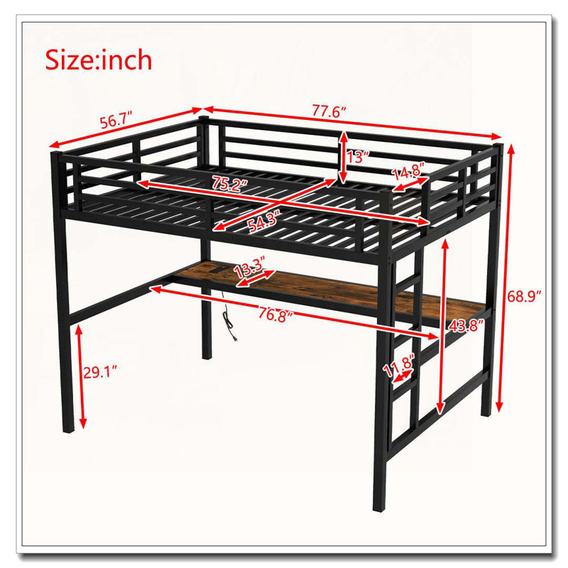 Loft Bed with Power Outlet and LED Lighted, Full