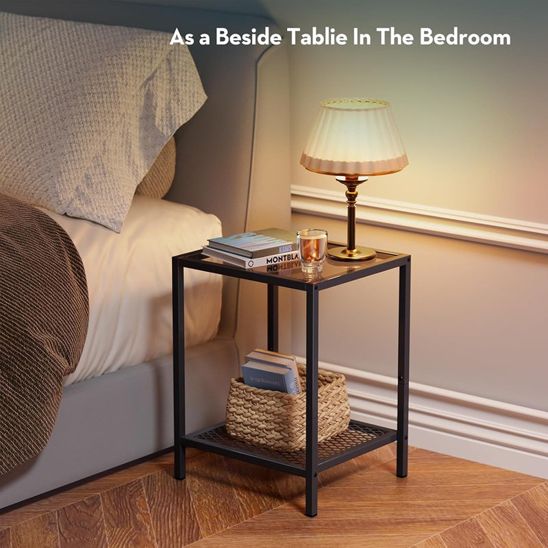 Petite table d'appoint en verre avec tablette de rangement en filet - table de bout carrée à 2 niveaux pour le salon ou la chambre à coucher, gris, parfaite pour les petits espaces