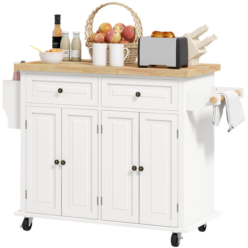 Kitchen Island on Wheels, Rolling Cart with Rubberwood Top, Spice Rack, Towel Rack and Drawers for Dining Room, Cream