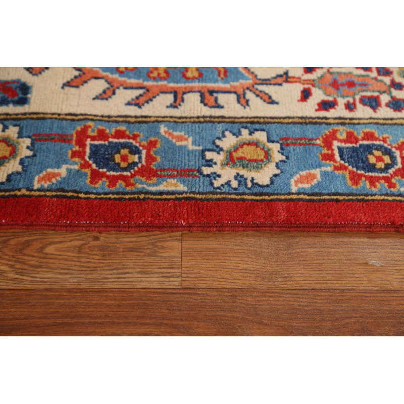 Tapis rouge / ivoire / bleu en laine noué à la main de conception unique 5 pi 8 po x 8 pi 5 po New Age