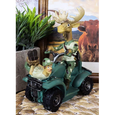 Orignal éléphant de chasse Trinx Rustic Western avec un chasseur capturé conduisant un véhicule tout-terrain 4 roues Figurine de bureau Hunters Deers Antler Cabin Lodge Cottage Home Accent