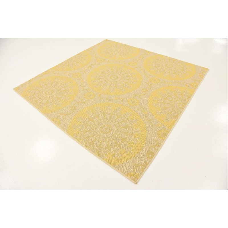 Tapis intérieur / extérieur géométrique en polypropylène tissé à la machine 6 pi x 6 pi jaune / beige