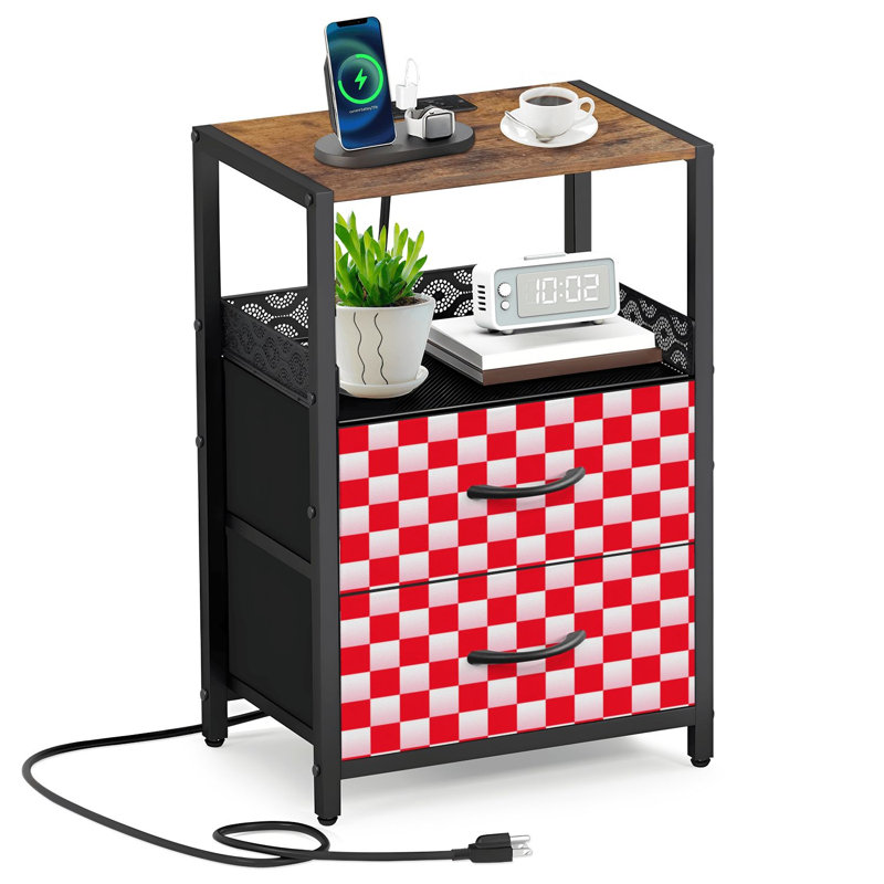 Table de chevet 2 tiroirs en tissu avec station de charge Table de chevet à carreaux vichy rouge et blanc avec ports ouverts et prises USB