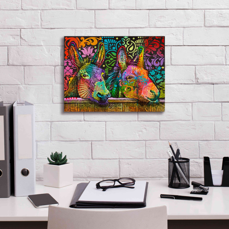 «Donkeys» par Dean Russo - peinture sur toile tendue, H 12 po x l 16 po x P 0,75 po