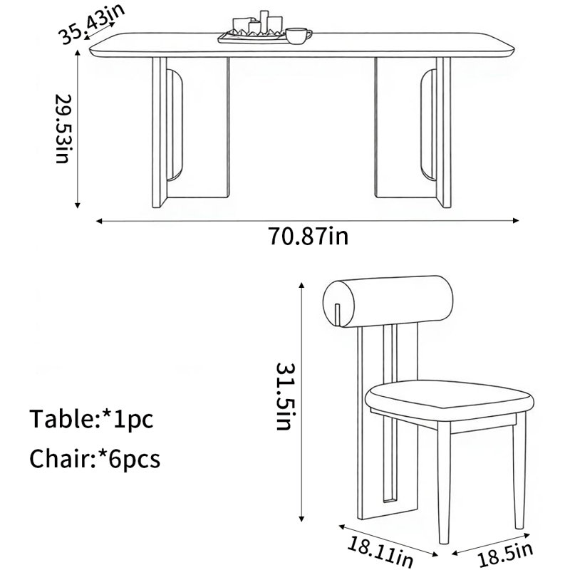 Ensembles de table à manger rétro élégants, H 29,53 po x L 70,87 po x l 35,43 po, 7 pièces : table, 6 chaises, Blanc