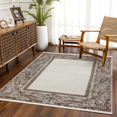 Tapis crème oriental tissé antidérapant à imprimé numérique lavable à la machine