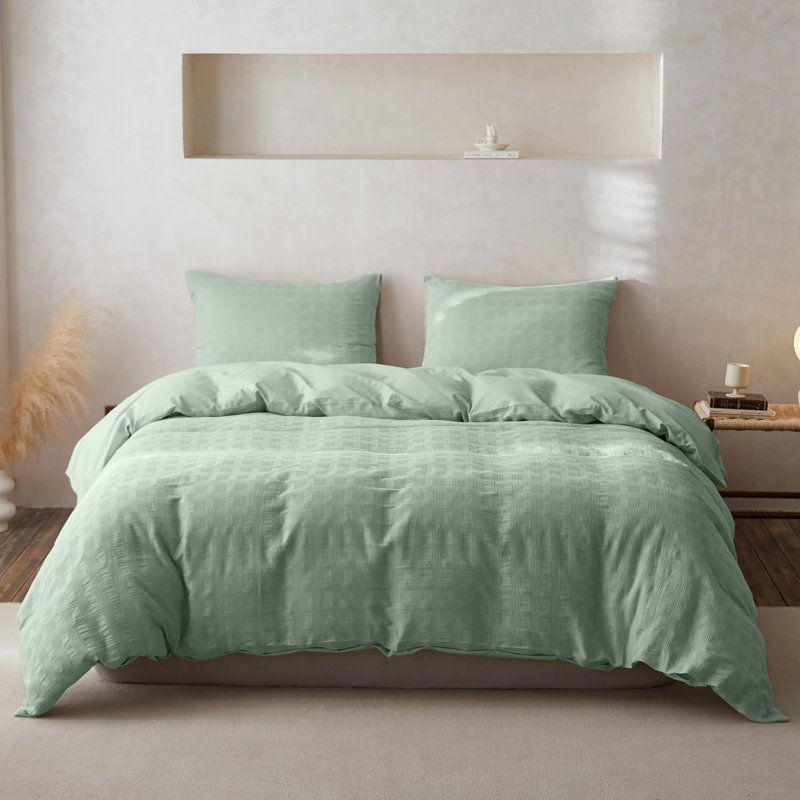 Ensemble de housse de couette en coton gaufré à 100 %, Très grand lit, Vert menthe