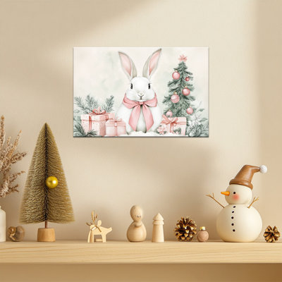 Abiel Decor - Lapin blanc avec arc rose, scène d'hiver, impressions sur toile, arbre de Noël, affiche des Fêtes pour le salon, la cuisine de la chambre à coucher, 12 x 16