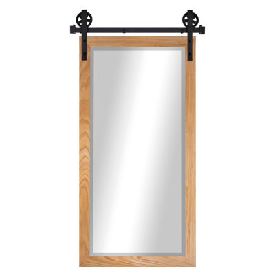 Rayne Mirrors Ozark Hardwood Beveled Mirror With Oversized Wheel and Steel Barn Door Rail