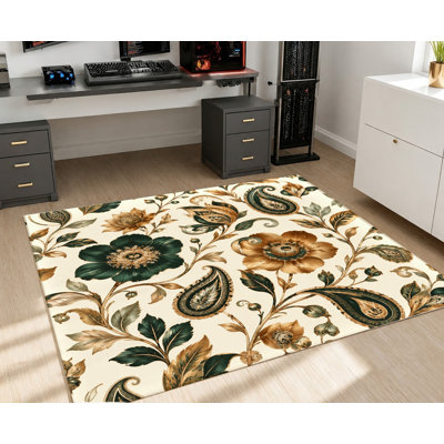 Tapis de style persan vintage, motif cachemire floral crème et vert, doux, lavable et antidérapant, décoration intérieure élégante pour salon, chambre, couloir, entrée, appartement