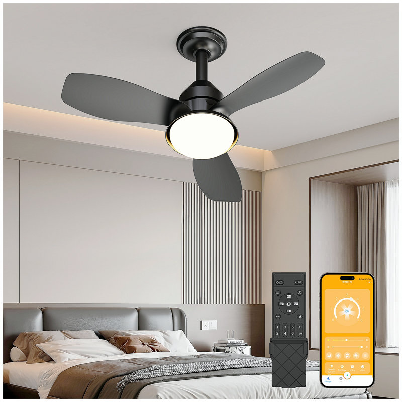 Ventilateur de plafond noir 24,4 po avec lumière, 3 pales, moteur CC réversible à 6 vitesses, DEL à intensité variable, application et télécommande, plafonnier encastré pour salon de chambre à coucher