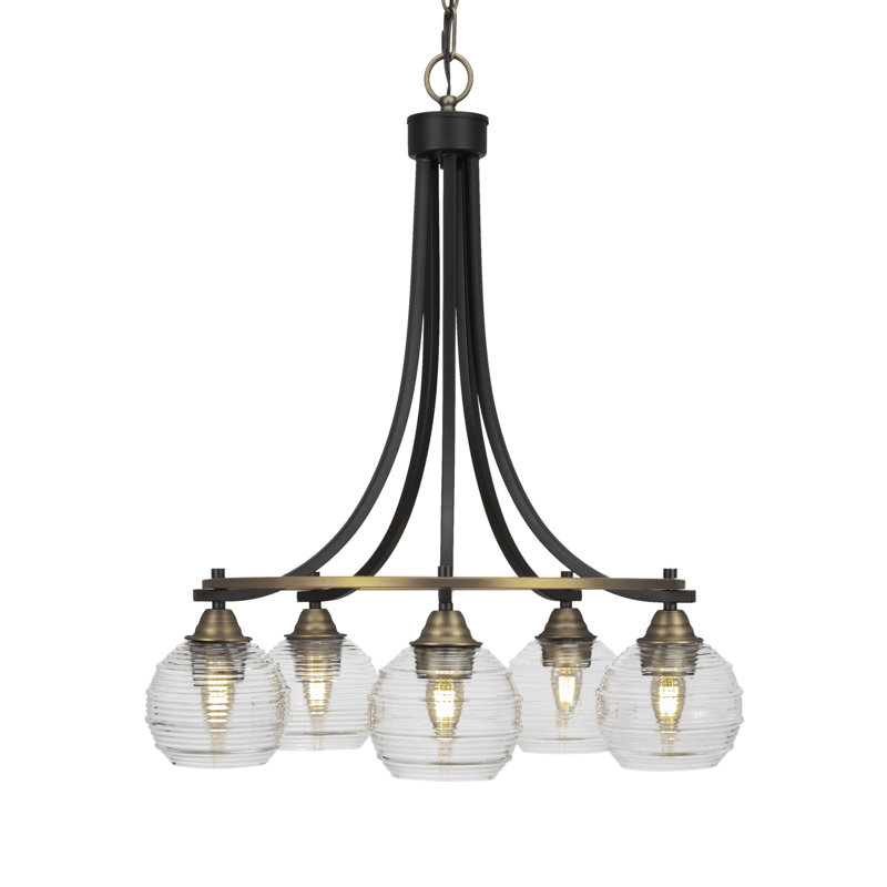 Michell 5 Light Downlight Chandelier Shown In Matte Black & Brass Finish With Malena 6" Clear Ribbed Glass