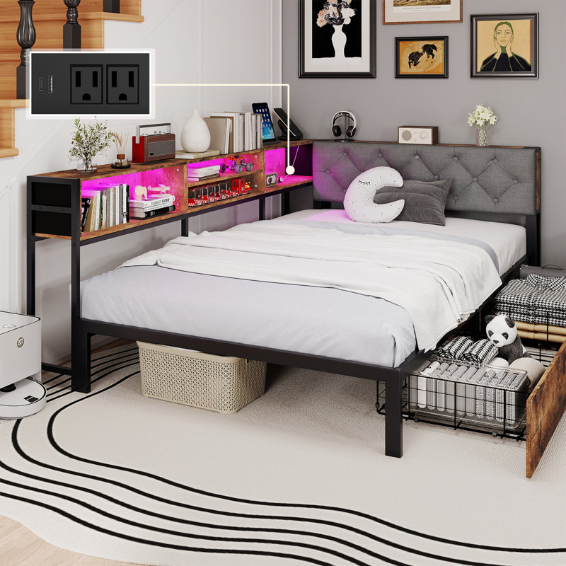 Full Corner Bed Frame with Headboard and 2 Storage Drawers,Daybed with Storage Bookcase,LED Lights and Charging Station, Full