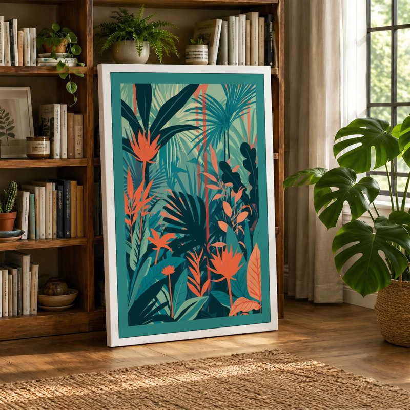 Tropical Garden Pattern Botanical - Wrapped Canvas, 18x12 - 45.7 x 30.5 cm, Black Border