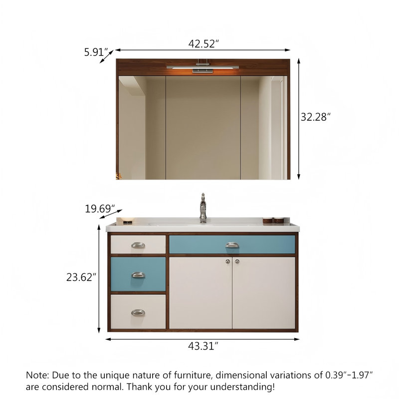 Meuble-lavabo mural Dopamine bicolore en bois d'hévéa massif avec lavabo en céramique intégré et armoire à miroir intelligent