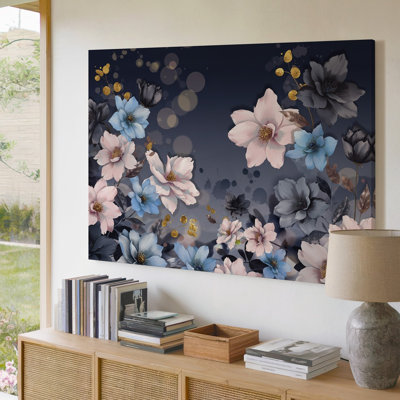 Toile, composition éthérée avec fleurs délicates en rose pâle, art mural bleu pâle et gris anthracite épars