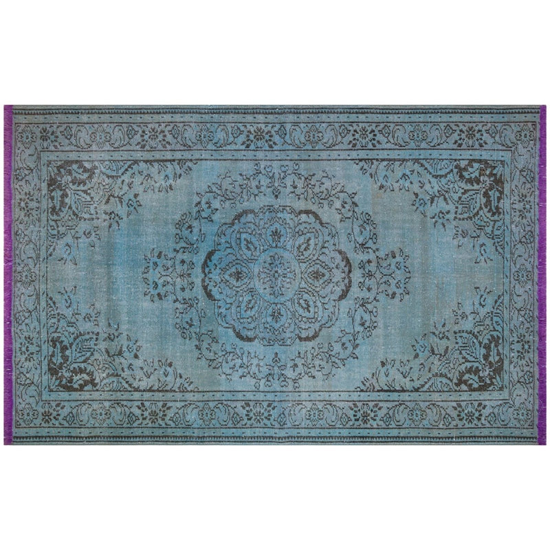 Tapis turc oriental bleu en laine noué à la main