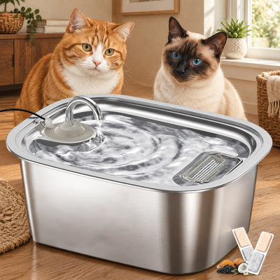 7.8L/2.06 Gallon Stainless Steel Automatic Dog Water Fountain with a top-fill design, water-level window, quiet pump, and 2 filters for large dogs.