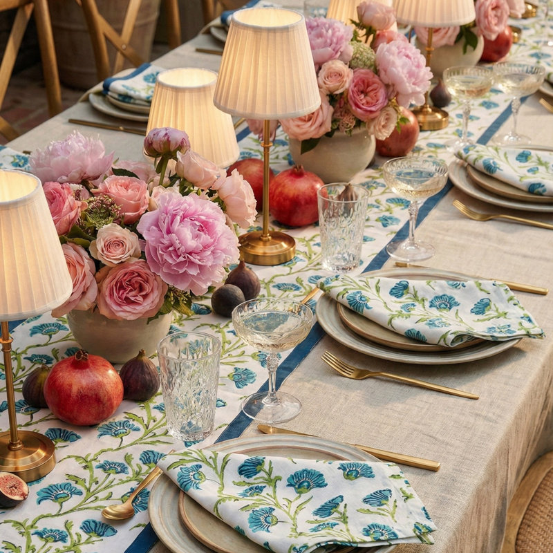Chemin de table Bella - vert olive et bleu