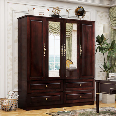 Armoire 100% en bois massif avec miroir - Armoire de chambre classique à 4 portes avec détails sculptés, poignées dorées et charnières à fermeture douce