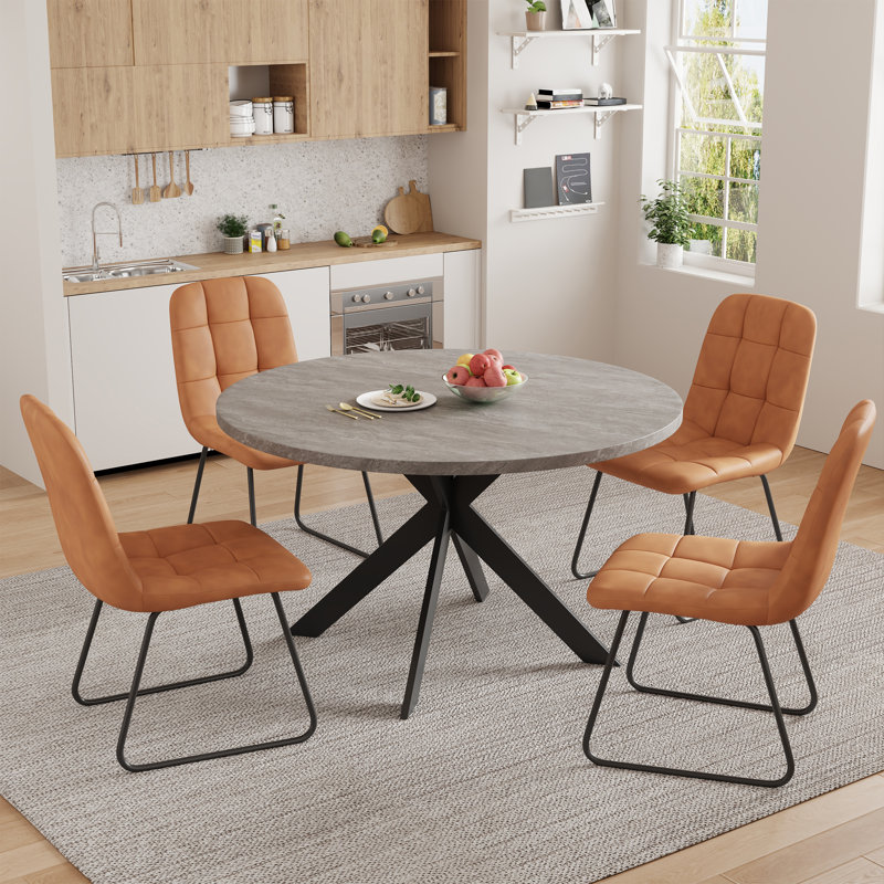 Joevan 46'' Modern Round Kitchen Dining Table Set with 32.8"H Dining Chairs, Brown