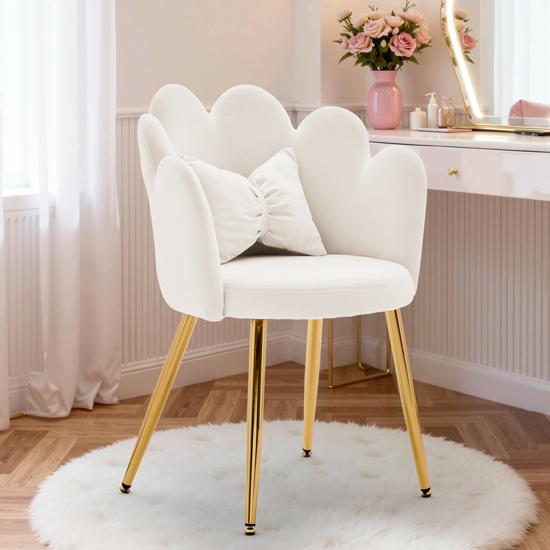 KORSER Office Chairs, Velvet Vanity Chair with Bow Pillow, Modern Petal Chair for Living Room, Bedroom, Beige