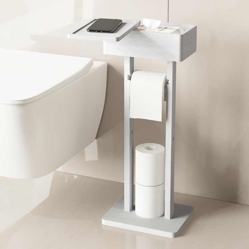 Porte-papier hygiénique en bambou 4 en 1 avec tablette de rangement, porte-papier hygiénique sur pied, couvercle pivotant à 360 °, rangement supplémentaire pour les essentiels de la salle de bain
