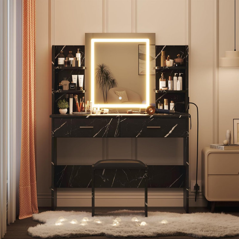 Vanity Desk with Mirror & LED Lights, 41.3" Wide, Power Outlet, 2 Large Drawers, 6 Open Storage Shelves