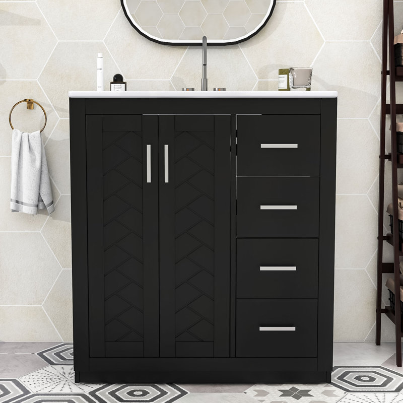 Whittier Wood Single Bathroom Vanity with Ceramic Sink, Cabinet and Storage Drawers, Black, Silver