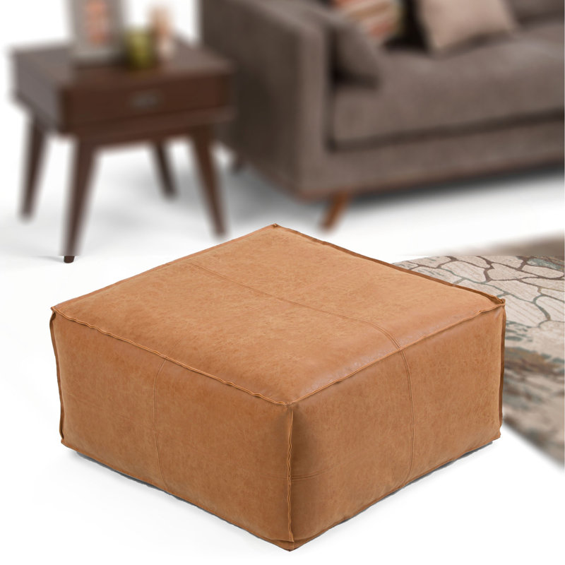 Brody - Large Square Coffee Table Pouf - Distressed Brown, 14" H x 30" W x 30" D, Light Brown