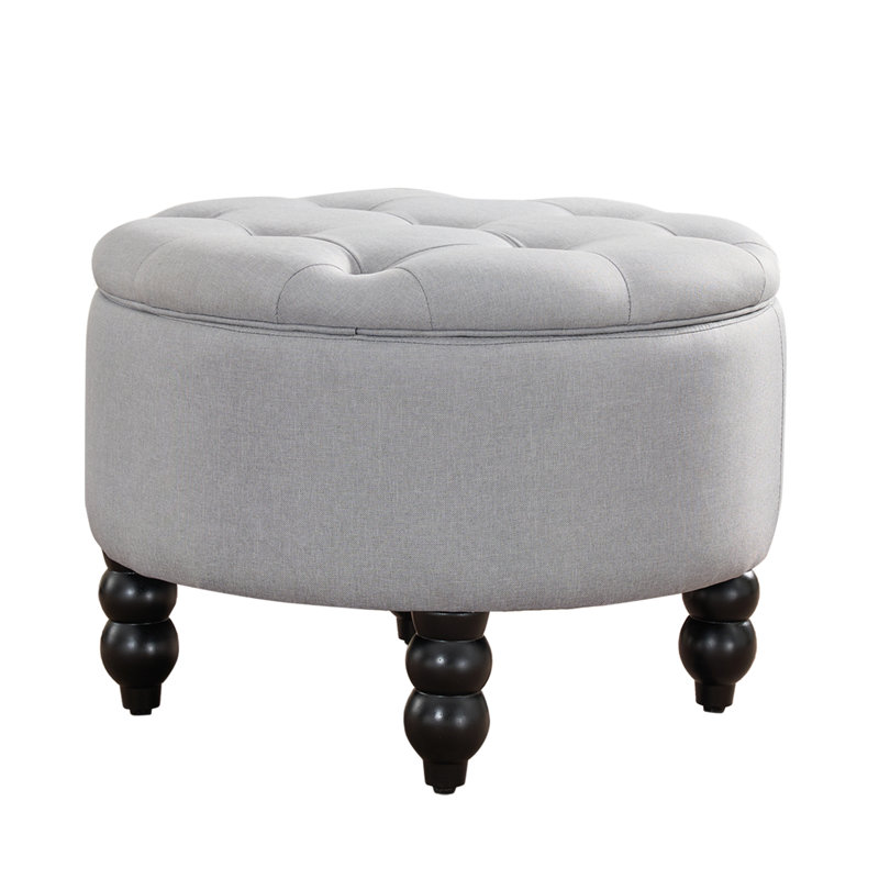 24'' Wide Upholstered Round Storage Ottoman, Gray Linen