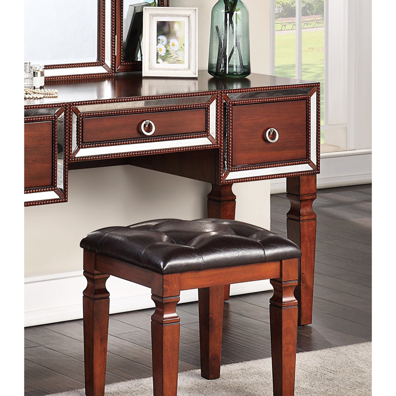 Mobilier de chambre à coucher en cerisier de luxe - coiffeuse avec tabouret, 3 tiroirs et trois compartiments de couleur miroir