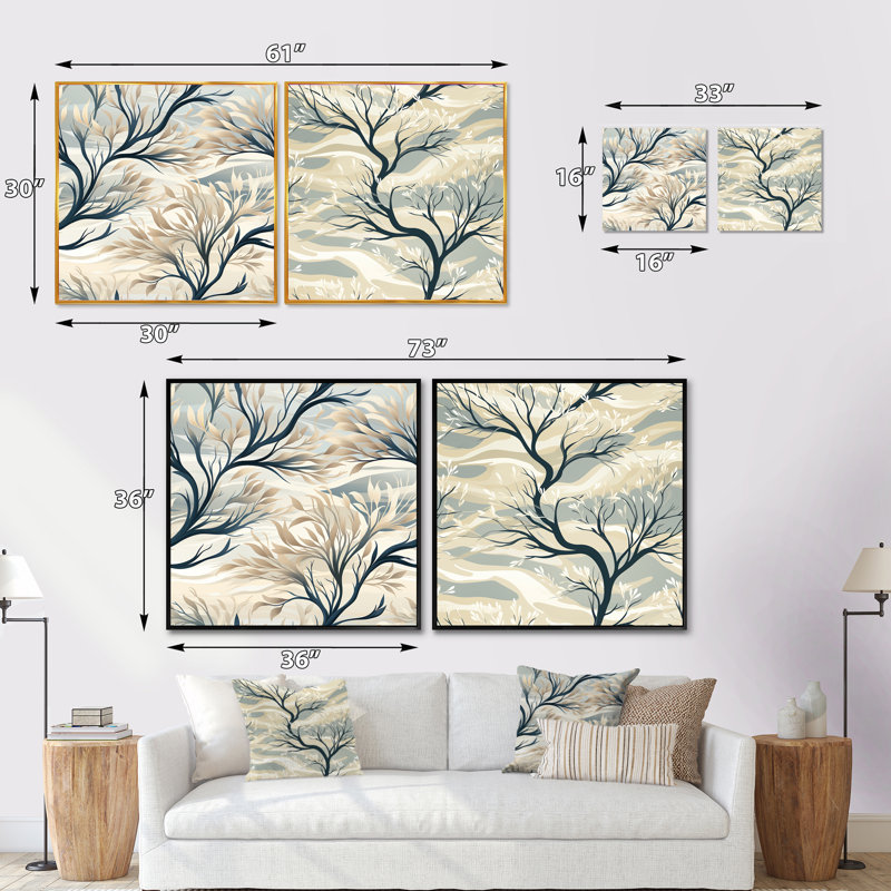 Baume minimaliste arbre paysage - ensemble de collage abstrait botanique carré de 2, Cadre flottant noir, H 16 po x l 33 po