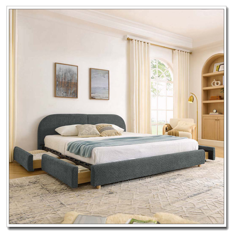 Tête de lit courbée de style moderne et minimaliste avec pieds incurvés et pieds robustes, Très grand lit, Gris foncé, Tiroir