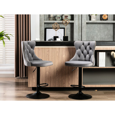 Tabourets de bar en velours gris avec dossier, hauteur réglable de 25 à 33 po, base stable de 17,7 po, détails faits à la main pour un pub confortable, siège décorant la salle à manger