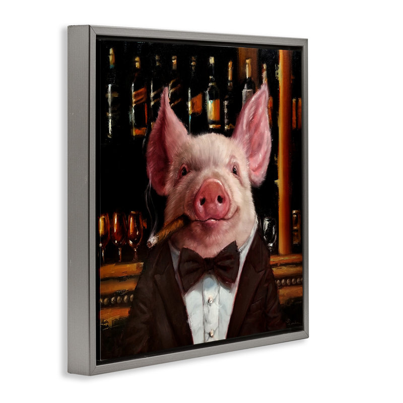 «Classy Pig at Cigar Bar», art mural encadré par Lucia Heffernan, Cadre flottant gris lustré, H 18 po x l 18 po
