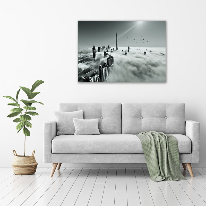 Glass Print Wall Art 100X70cm Image Printed On Glass Decorative Wall Picture Behind Toughened / Tempered Safety Real Glass For Kitchen & Living Room Theme:Fog Over Dubai