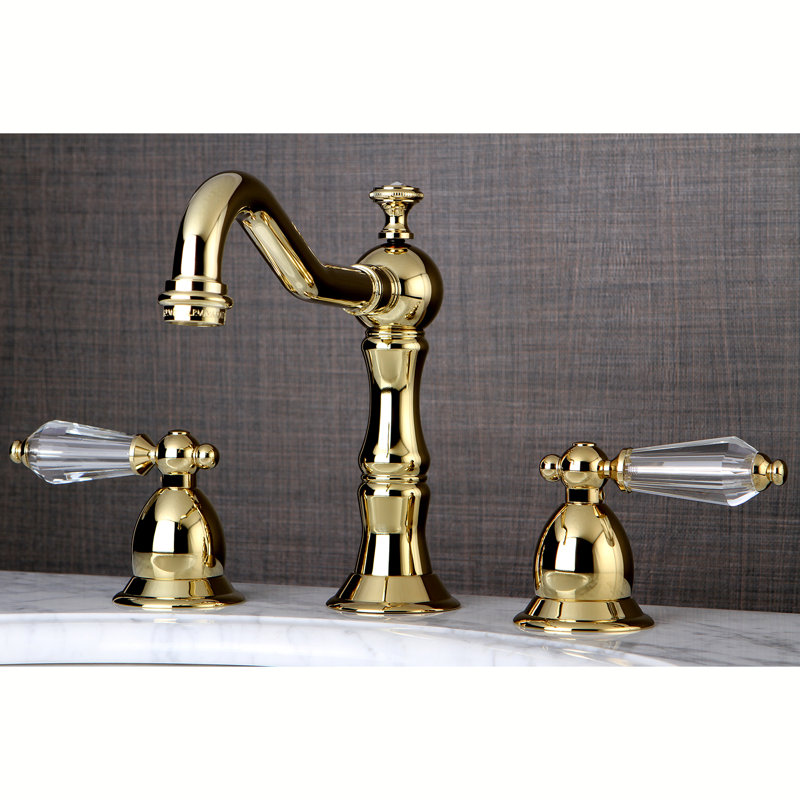 Kingston Brass Wilshire Two-Handle 3-Hole Deck Mount Widespread Bathroom Faucet with Brass Pop-Up Drain, Polished brass