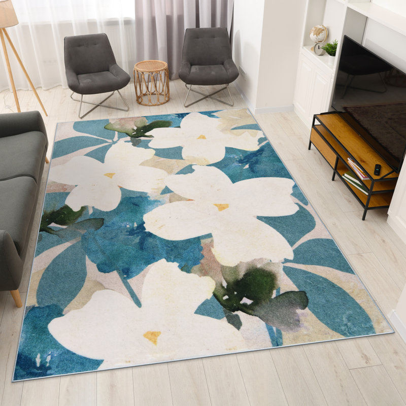 Tapis floral lavé à la main pêche, sarcelle floral 5 pi x 8 pi, tissé à la machine, 100% polyester, velours de 2 mm, antidérapant.