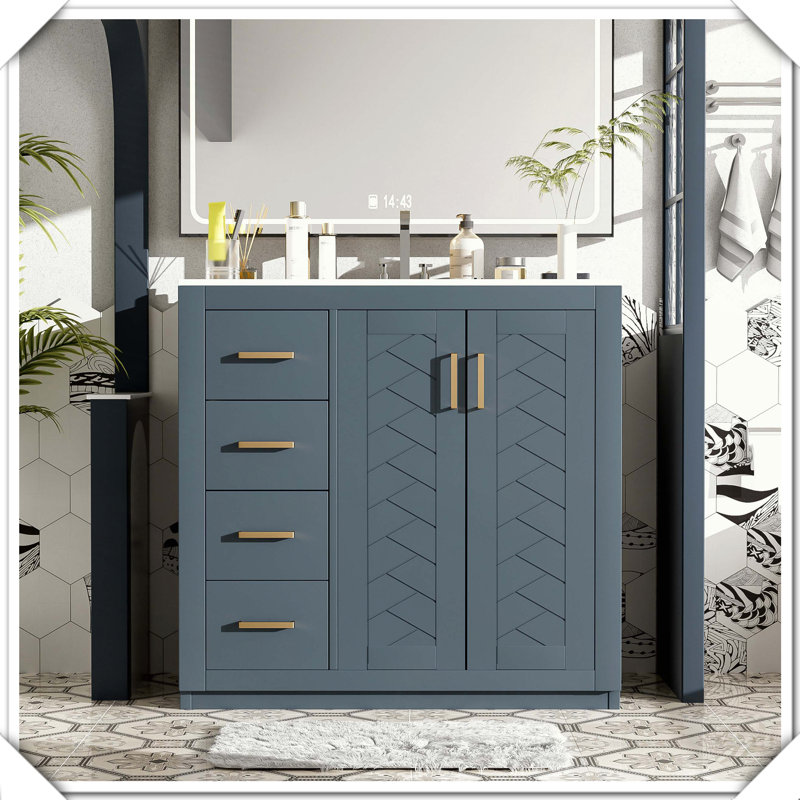 Meuble-lavabo autoportant en bois massif avec tiroirs en céramique, Bleu